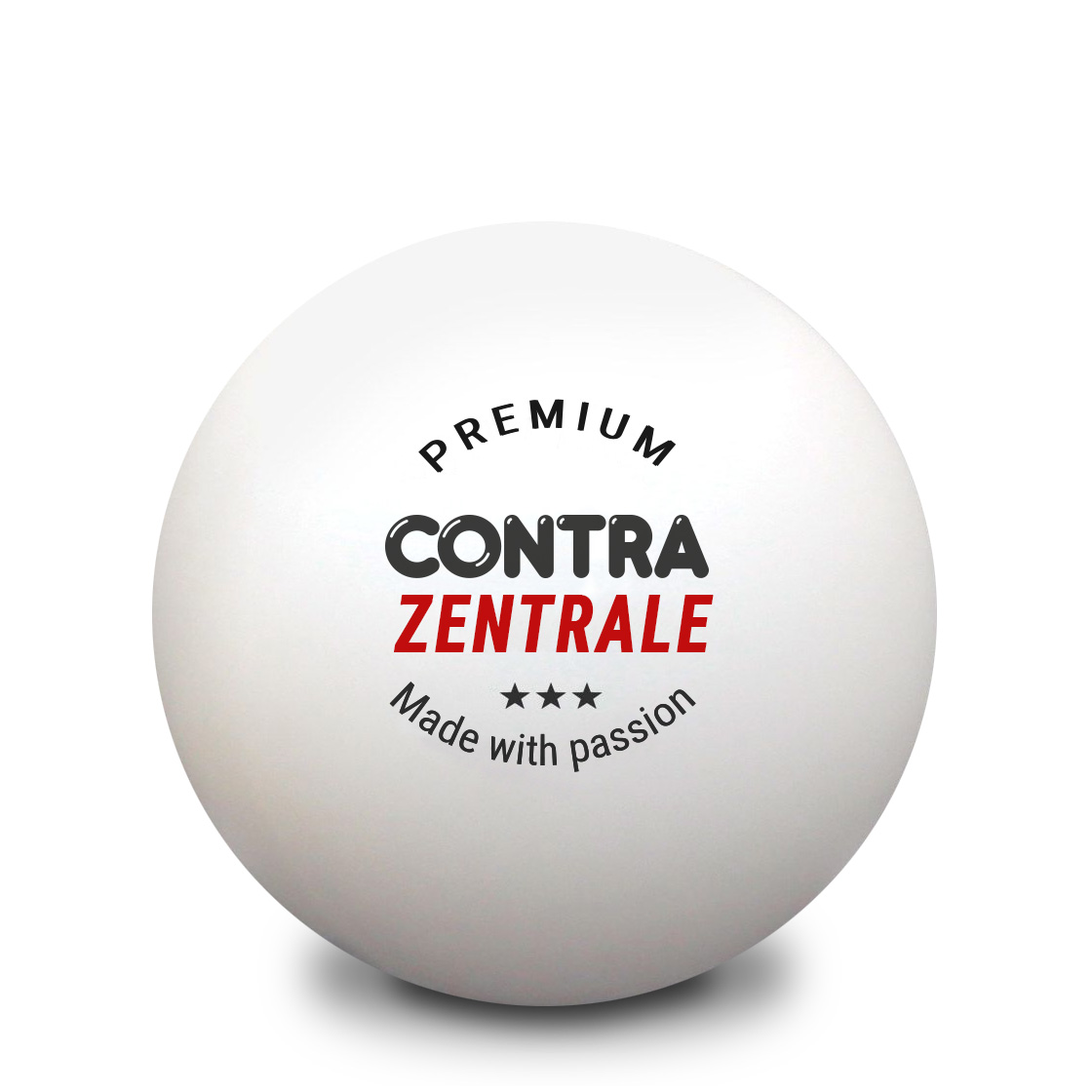 Tischtennisball mit der Aufschrifft Premium, Contra Zentrale, drei Sterne, made with Passion