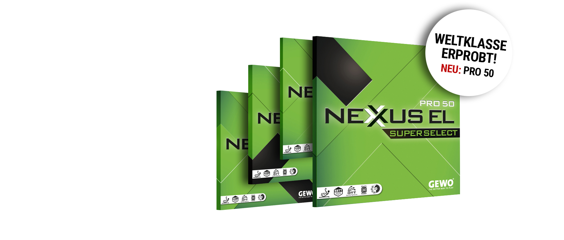 vier NEXXUS EL PRO 50 Beläge und der Text:  Weltklasse erprobt, NEU Pro 50. 