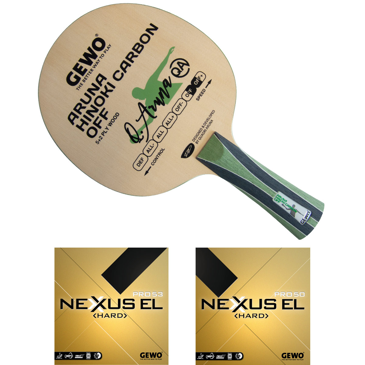 GEWO Schläger: Holz Aruna Hinoki mit Nexxus EL Pro53 Hard + Nexxus EL Pro50 Hard  konkav