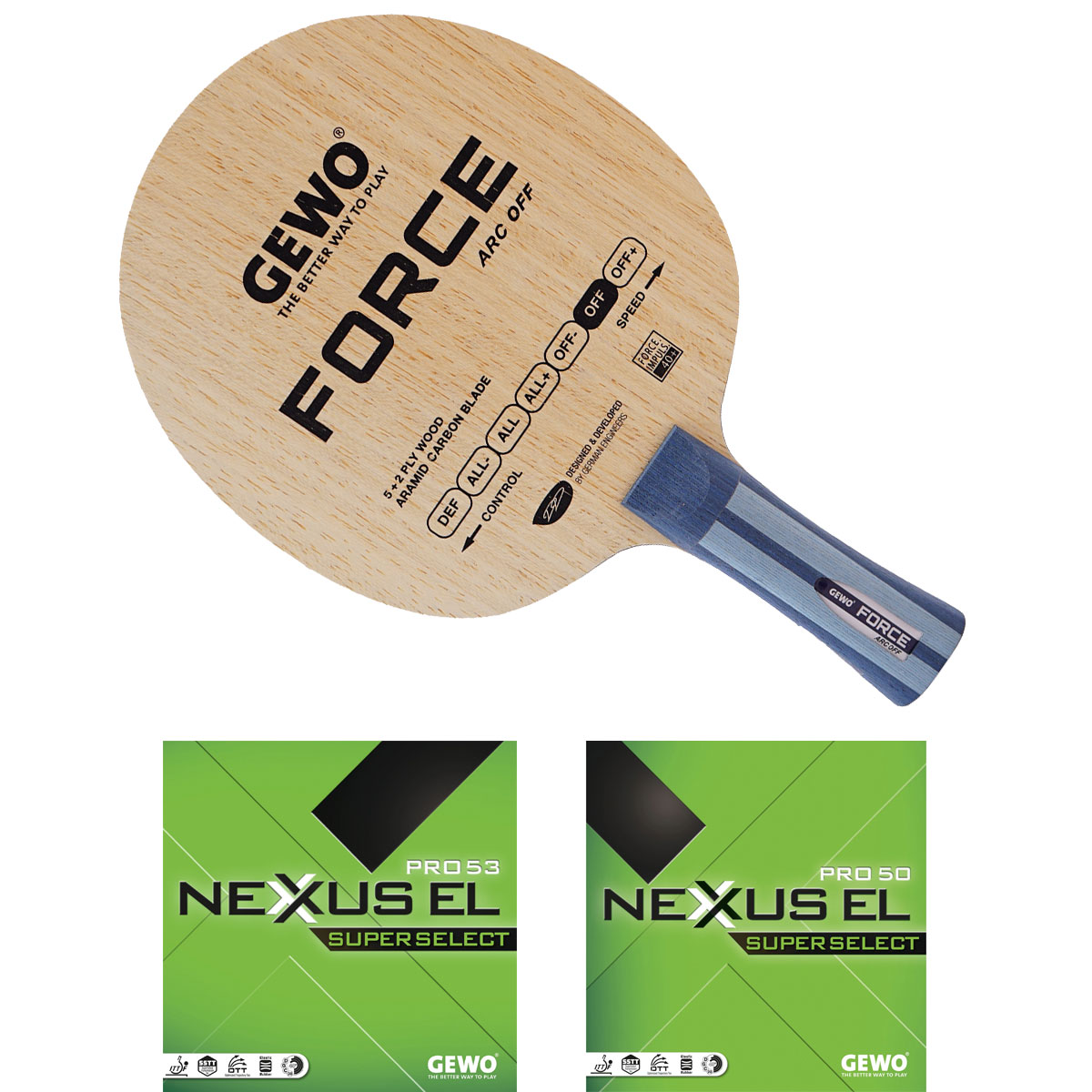GEWO Schläger: Holz Force ARC mit Nexxus EL Pro53 SupSel +  Nexxus EL Pro50 SupSel  konkav