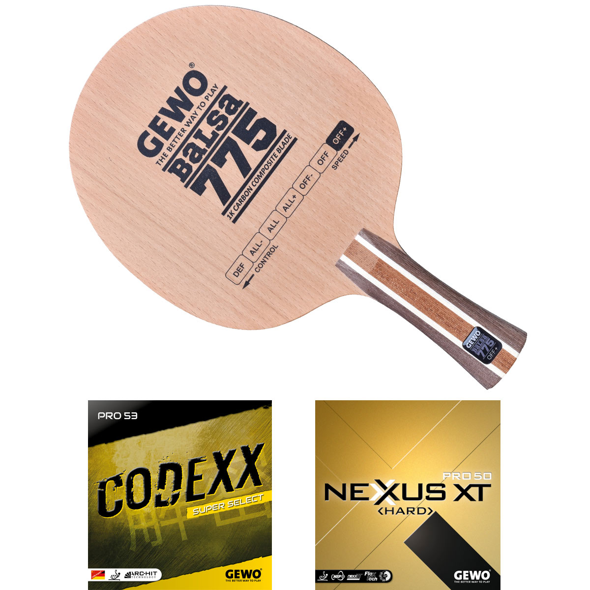 GEWO Schläger: Holz Balsa Carbon 775 mit Codexx Pro53 SupSel + Nexxus XT Pro50 Hard  gerade