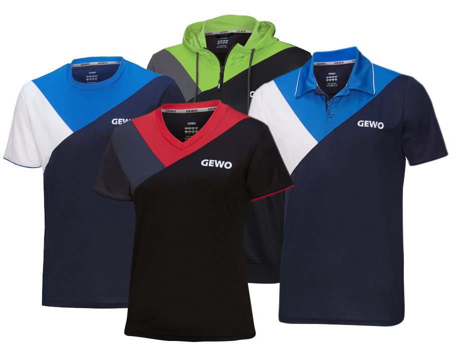 GEWO Serie Toledo, ein Damenshirt schwarz-rot-grau, ein Herren T-Shirt blau-weiß, ein Poloshirt blau-weiß und ein Hoodie grün-grau-schwarz