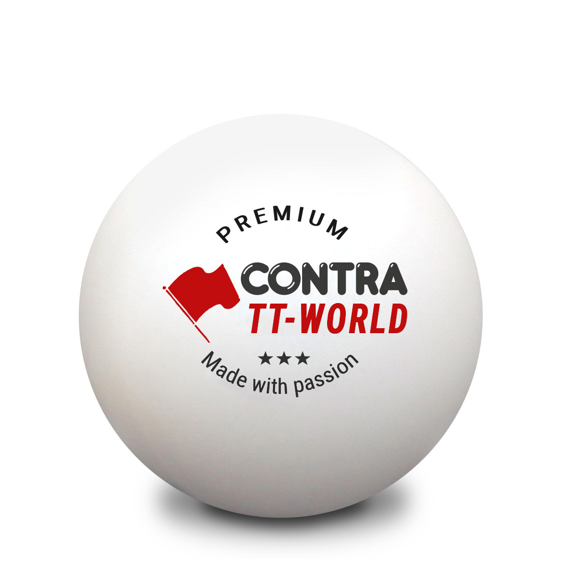 Tischtennisball mit der Aufschrift: Premium, CONTRA TT-World, drei Sterne. Made with passion.