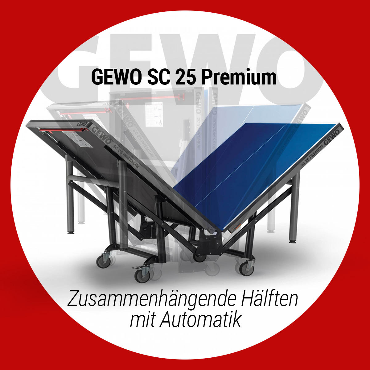 GEWO Tischtennisplatte SC 25 Premium, welche sich zusammenklappt, mit dem Text: Zusammenhängende Hälften mit Automatik.