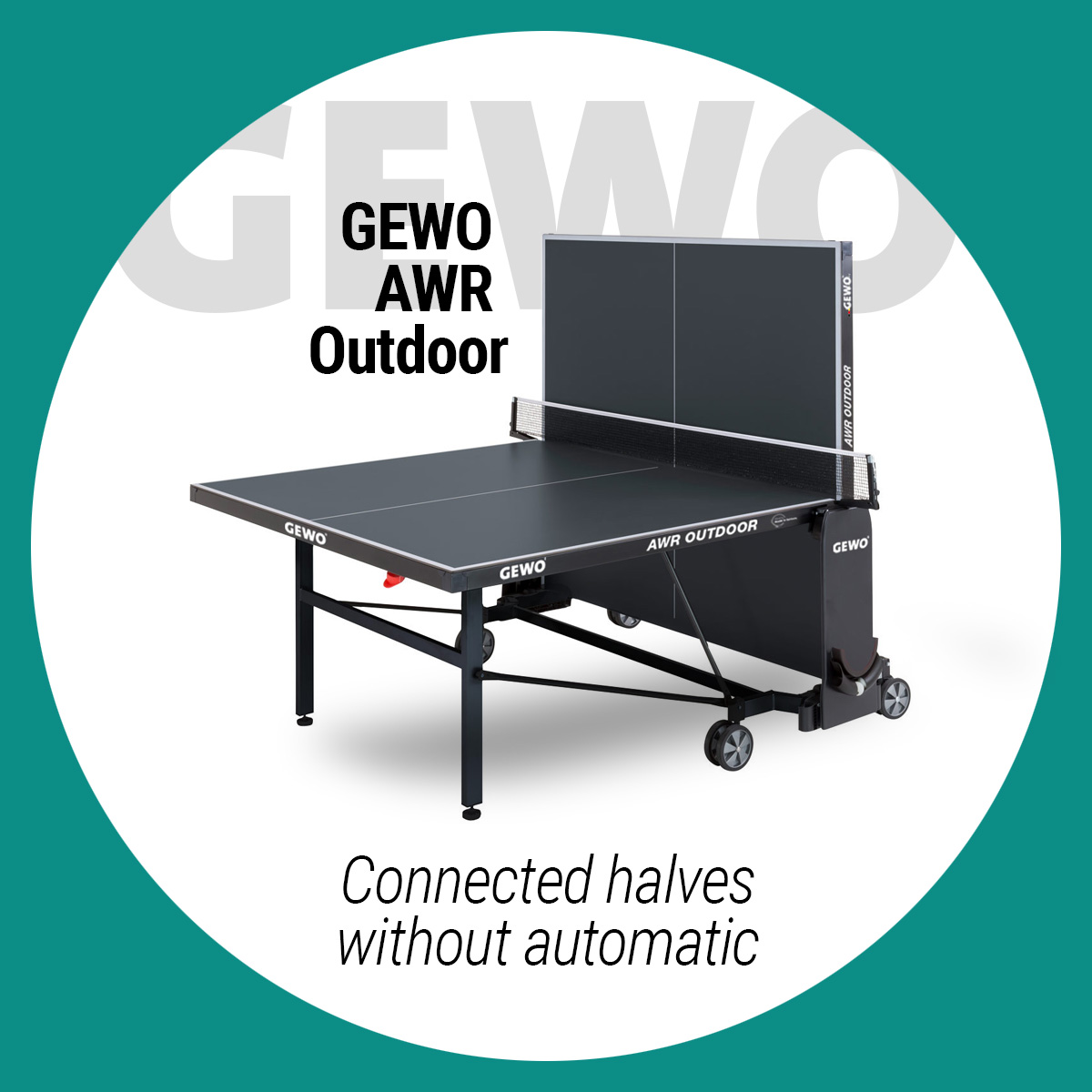GEWO brand table tennis table which is folded up in one side.