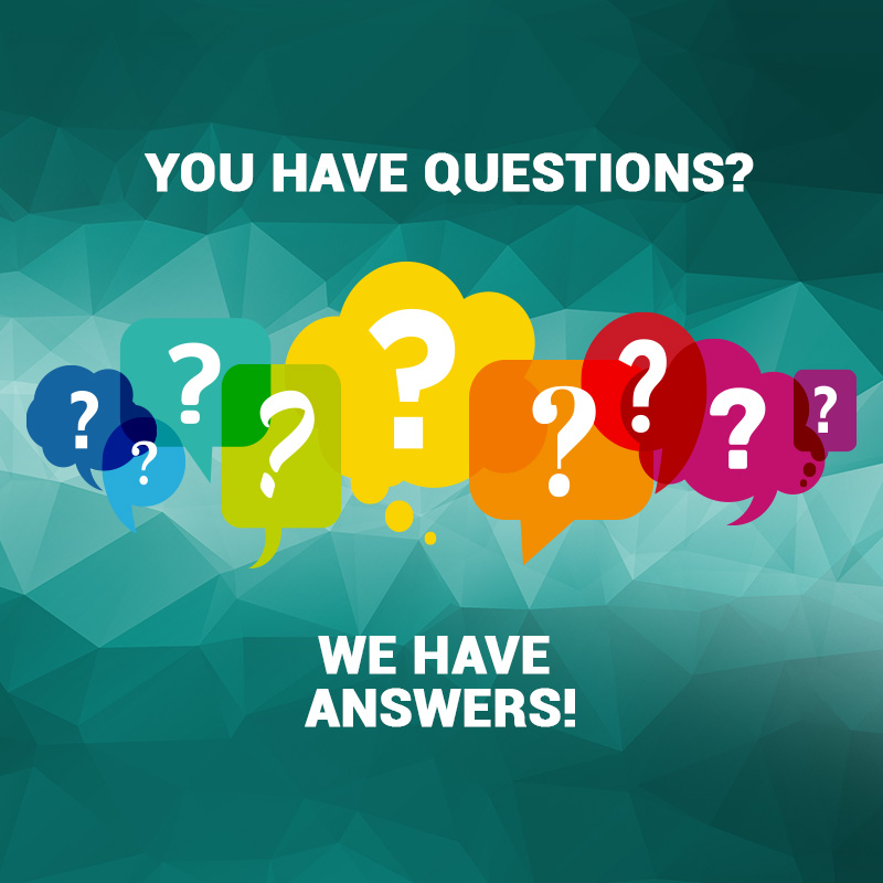 several question marks in different speech bubbles, as well as text: You have Questions? We hava answers!