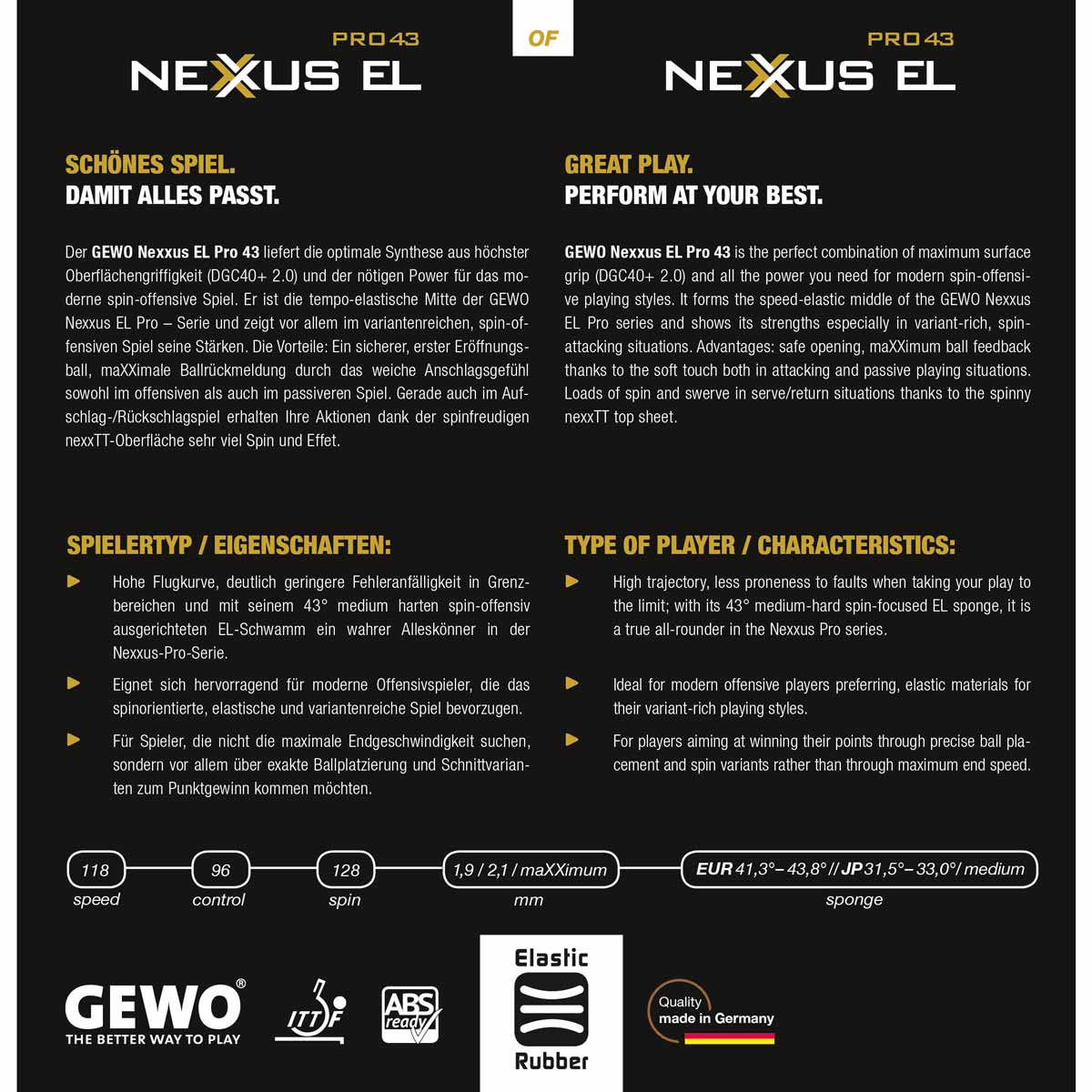 GEWO Belag Nexxus EL Pro 43 schwarz 1,9 mm